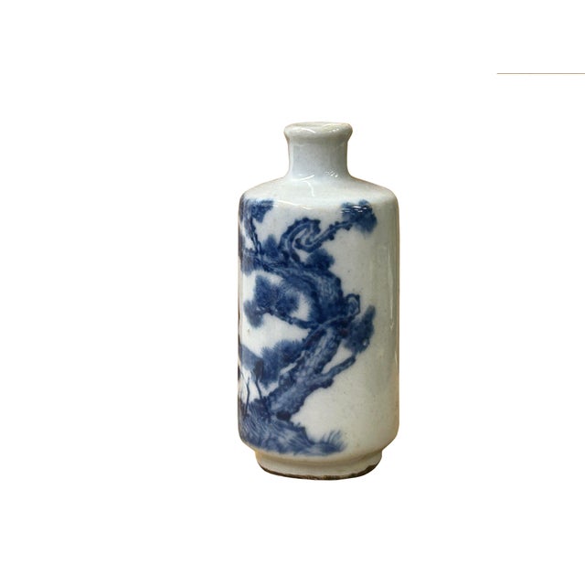 Small Blue White Handpaint Cranes Pine Scenery Graphic Porcelain Vase For Sale - Image 4 of 11