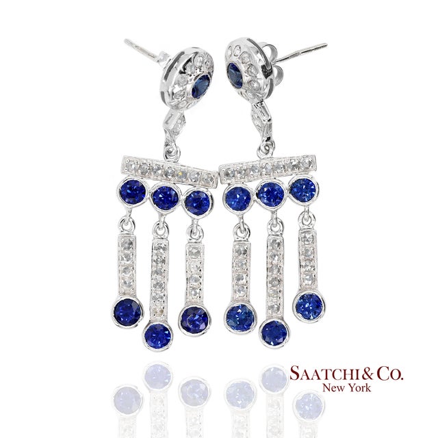 Mid 20th Century 14k(585) Vintage White Gold Natural Diamond and Sapphire Earrings For Sale - Image 5 of 12
