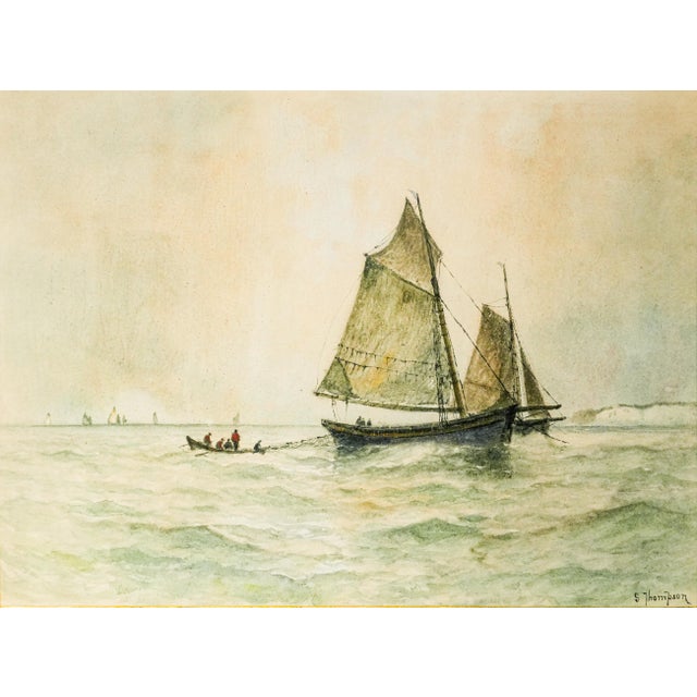 Victorian Lovely Large Gold Gilt Frame Antique Victorian Maritime Watercolor Painting Fishing Sailboat Ocean Wall Home Decor Nautical Art For Sale - Image 3 of 18