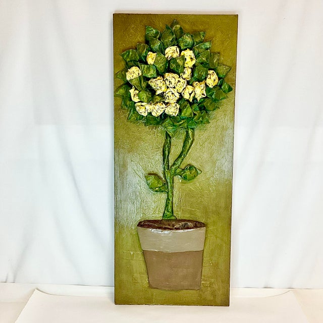 Hollywood Regency 1970s Vintage Boho Chic Folk Art Paper Mache’ Sculptural Rose Topiary on Wood For Sale - Image 3 of 11