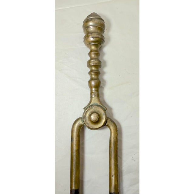 Antique 18th Century Wrought Iron Turned Brass English Fireplace Tongs Tool 1 For Sale - Image 4 of 9