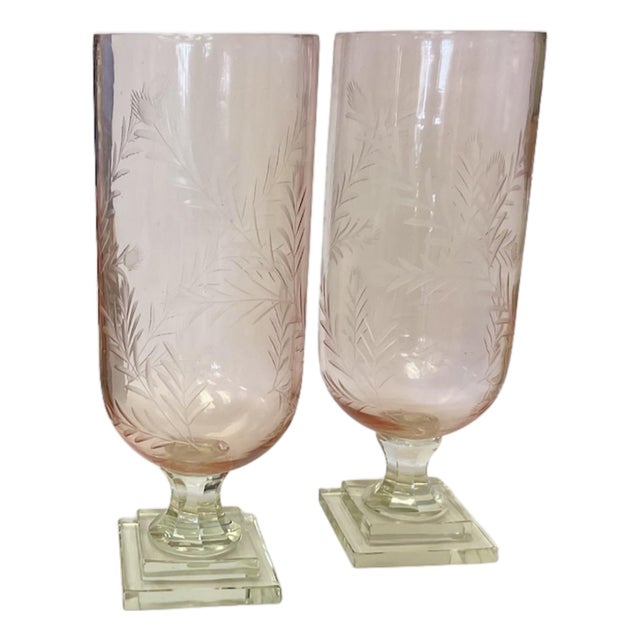 Pair of Hand Blown Rose Colored Cut Glass Hurricanes With Thistle Design For Sale