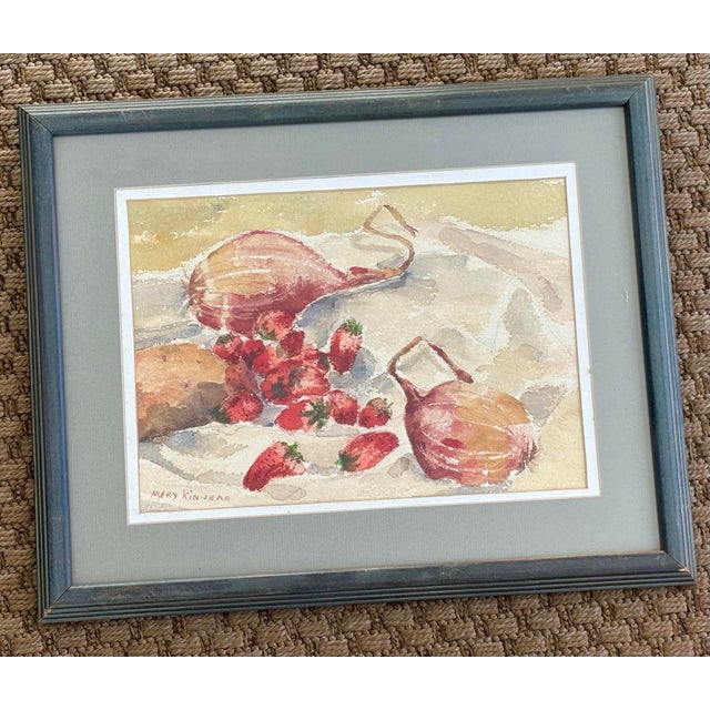 Late 20th Century Mary Kinnear Still Life Watercolor Painting With Strawberries and Purple Onions, Framed For Sale - Image 6 of 9