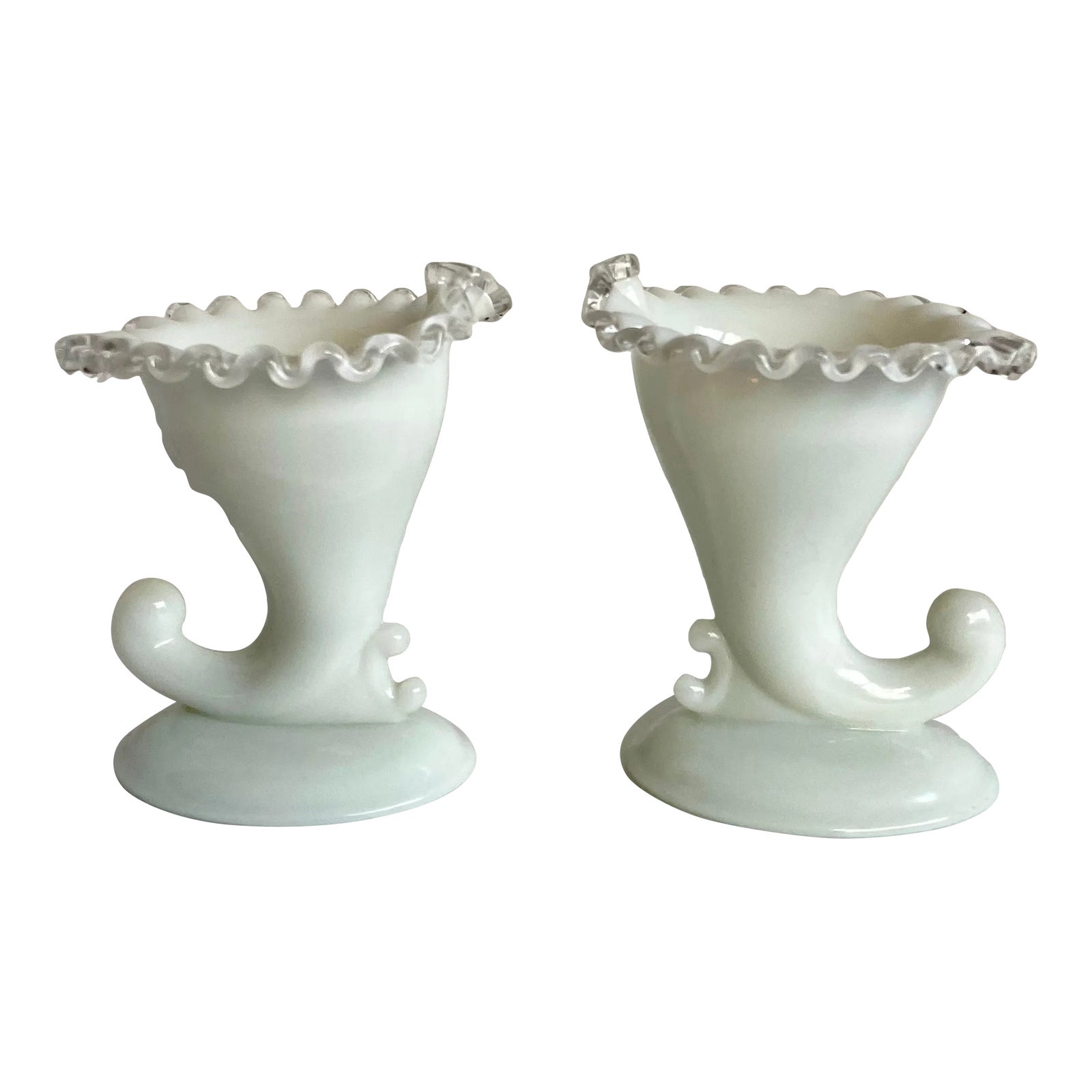 1940's Pair of Fenton Milk Art Glass Ruffle Frill Cornucopia Vases ...