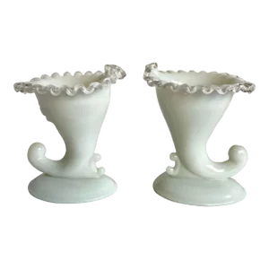 1940's Pair of Fenton Milk Art Glass Ruffle Frill Cornucopia Vases