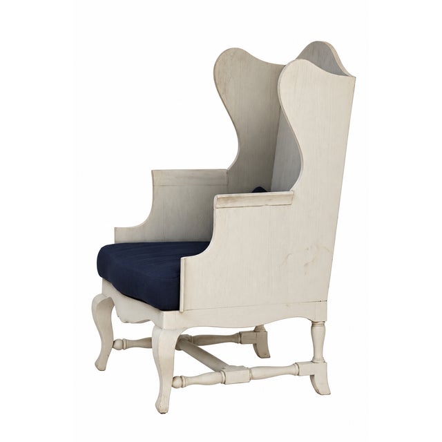 Restoration Hardware Vintage Rh Pale Grey Wood Wingbak Chair W/Navy Blue Seat For Sale - Image 4 of 11
