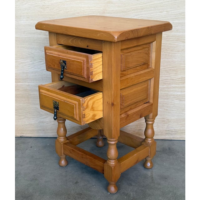 Mid 20th Century Mid 20th Century Pair of Spanish Honey Tone Narrow Nightstands with two drawers For Sale - Image 5 of 18
