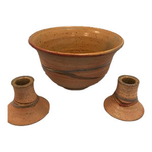 1990s Handmade Ceramic Bowl and Matching Candlestick Holders - Set of 3
