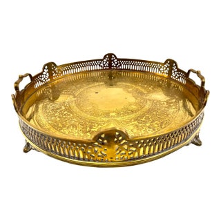 French Gilt Brass Pierced Gallery Tray With Engraved Base, Late 19th Century For Sale