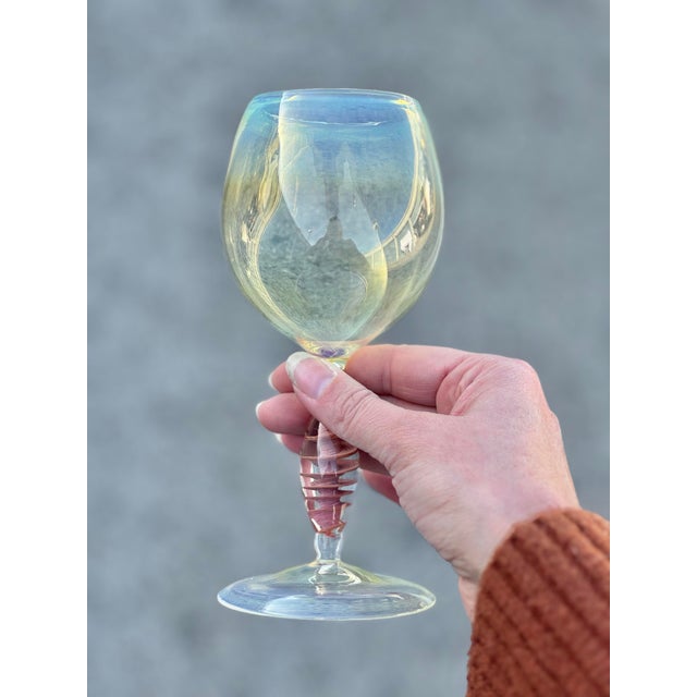 Contemporary Hand-Blown Opalescent Yellow Tint Wine Glasses – Set of 2 Art Glass Stems For Sale - Image 4 of 9