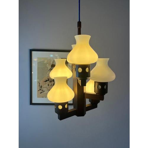 Dark Brown and White Wooden Chandelier with Opal Glass Glass from Vitrika For Sale - Image 5 of 11