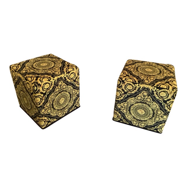 20th Century With Velvet Baroque Upholstery Black Gold Versace Ottomans - a Pair For Sale