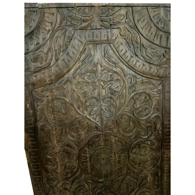 Mid-Century Modern Bohemian Lotus Carved Wall Panel Headboard in Dark Wood | Handcrafted Floral Relief Decor 60x30 For Sale - Image 3 of 5