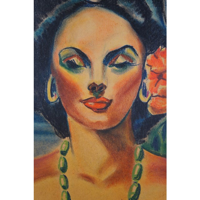 Mid 20th Century Monumental Bohemian Tiki Pastel Painting Tropical Nude Mid-Century Modern Faux Bamboo Frame 66" For Sale - Image 6 of 12