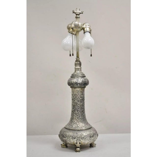 Antique English Victorian Silver Gilt Pewter Table Lamp With Regency Dolphin Feet For Sale - Image 12 of 12