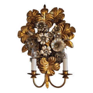 Hand-Shaped Floral Gilded and Silvered Wall Lamp by S. Salvadori, 1950s For Sale