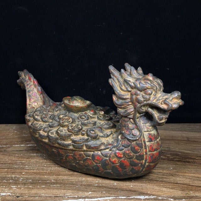Metal Vintage Gilt Bronze Dragon Boat Sculpture With Coin Motif and Red Patina For Sale - Image 7 of 9