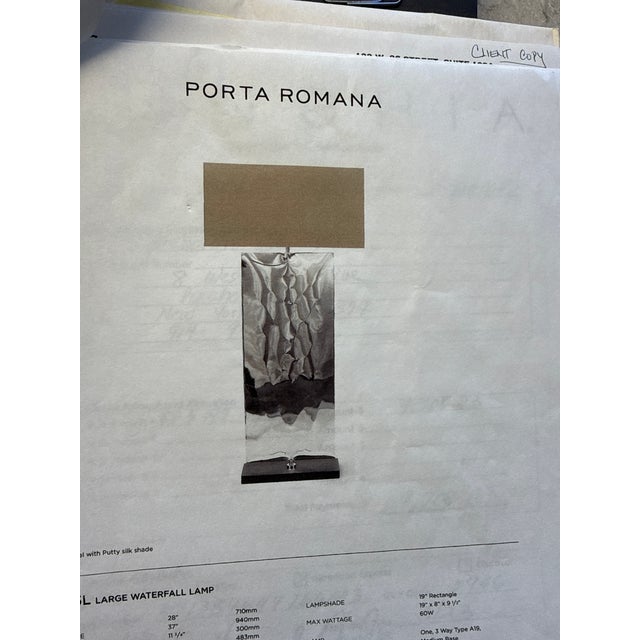 Pair of SLB15l Large Waterfall Lamps Polished steel with slate base - chalk linen Lampshades / constructed of polished...