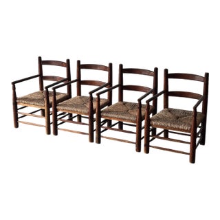 Rustic Pine Hearth Armchairs, France, Mid-20th Century — Set of Four For Sale
