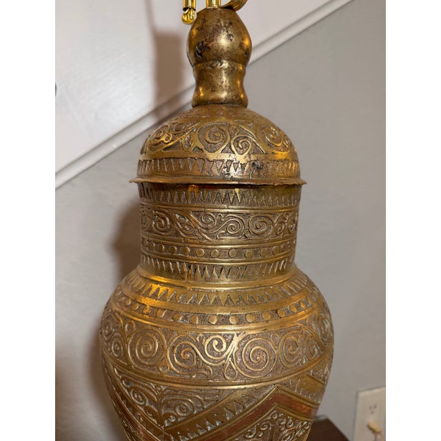 1940s Moroccan Tooled Brass Lamp With Copper and Wood Accents For Sale - Image 12 of 12