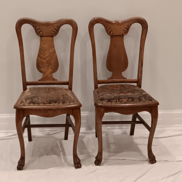 Antique Quarter Sawn Oak Side Chairs With Hand Carved Motif on Each Side and Nailhead Stud Surround Tapestry Seat and Claw Feet For Sale - Image 18 of 18