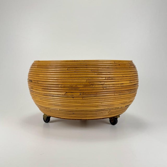 Wood Mid-Century Round Rattan Basket Planter in the style of Vivai del Sud, Italy, 1960s For Sale - Image 7 of 7