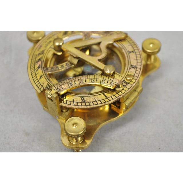 Vintage English Campaign Brass Round Sundial Compass With Small Rosewood Box For Sale - Image 11 of 18