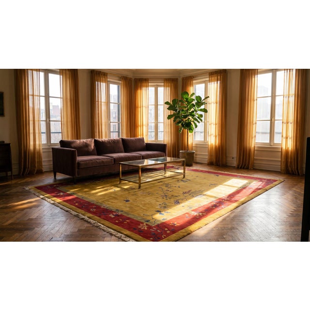 Surprising Saffron Background and Red-Raspebery Border With Tiny Sprays Floral Design Antique Chinese Art Deco Rug For Sale - Image 15 of 15