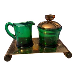 Vintage Paden City Emerald Glow Sugar, Creamer & Metal Tray - Star Cut Pattern For Sale
