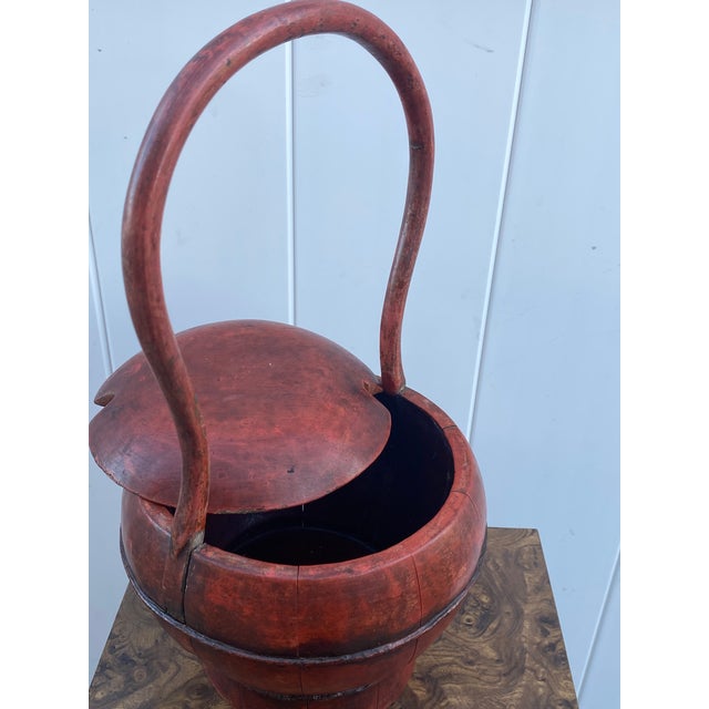 Chinese Antique Chinese Red Lacquered Wooden Wedding Basket With Dragonfly Lid Motif For Sale - Image 3 of 13
