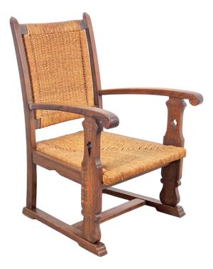 Modernist Brutalist Armchair in Rush and Oak, 1950s