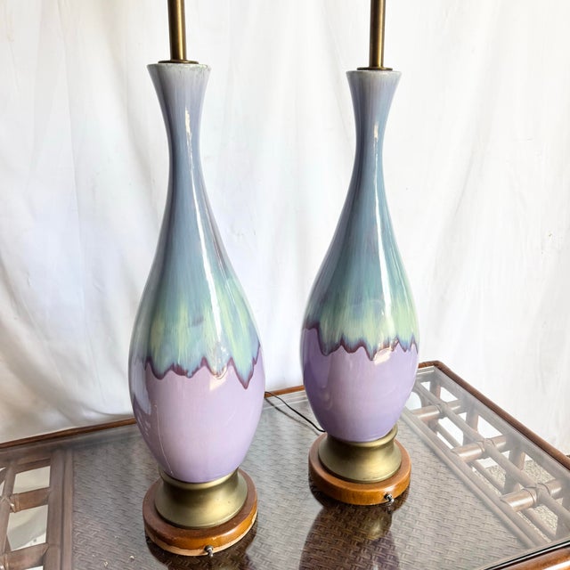 Mid-Century Modern Mid Century Modern Lilac and Sky Blue Glazed Ceramic Table Lamps - A Pair For Sale - Image 3 of 10