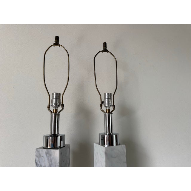 Pair of Vintage Italian Stacked Marble & Chrome Table Lamps For Sale In Miami - Image 6 of 12