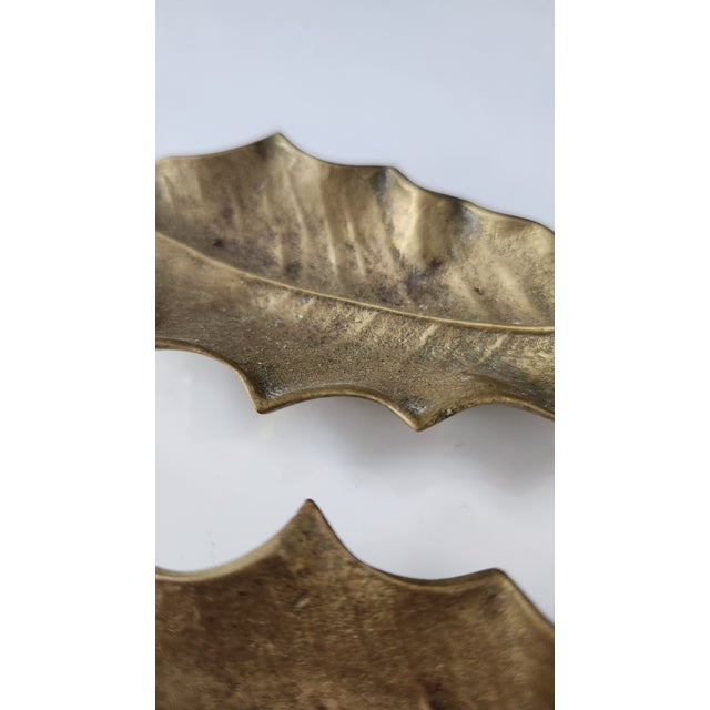 Mid 20th Century Pair of Vintage Italian Solid Brass Holly Leaf Trinket Dishes For Sale - Image 5 of 8