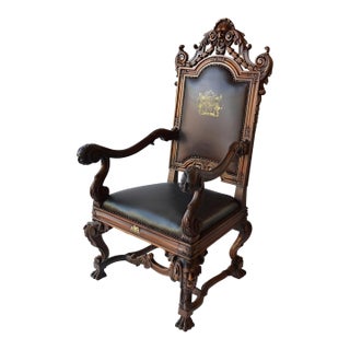 Mid-19th Century Italian Baroque Style Walnut & Leather Throne Chair For Sale
