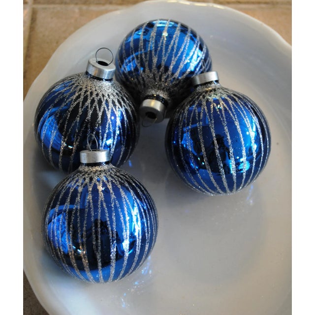 Mid-Century Modern Vintage Mercury Glass and Mica Blue Christmas Ornaments - Box of 4 For Sale - Image 3 of 6