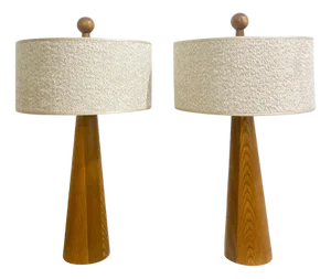 Modern Conical Wooden Table Lamps with Boucle Lampshade, Italy, Set of 2