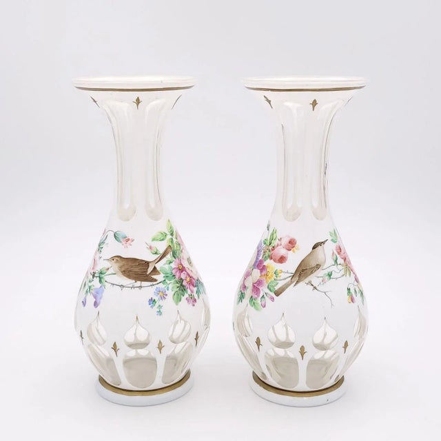 French Pair of Baccarat Cased, Engraved, and Painted Vases With Gilding, France Circa 1850 For Sale - Image 3 of 9
