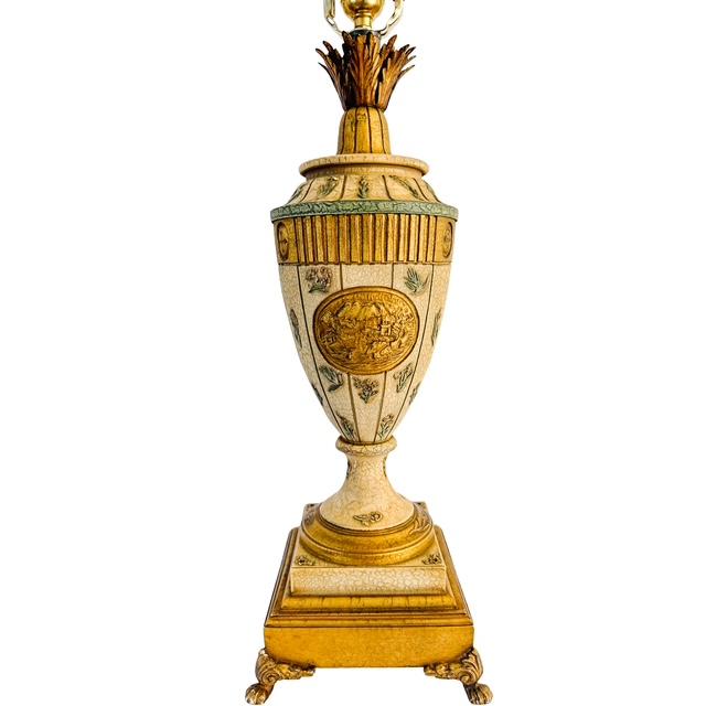 Vintage Neoclassical Crackle Glazed Urn Table Lamps With Medallions - A Pair For Sale - Image 11 of 16