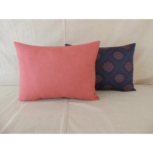 2010s Red and Blue Satin Cotton Modern Bolster Decorative Pillows From Portugal- A Pair For Sale - Image 5 of 8