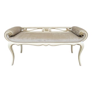 Mid 20th Century Vintage French Provincial Antique White Rolled Arm Decorative Bench Styled After John Widdicomb For Sale