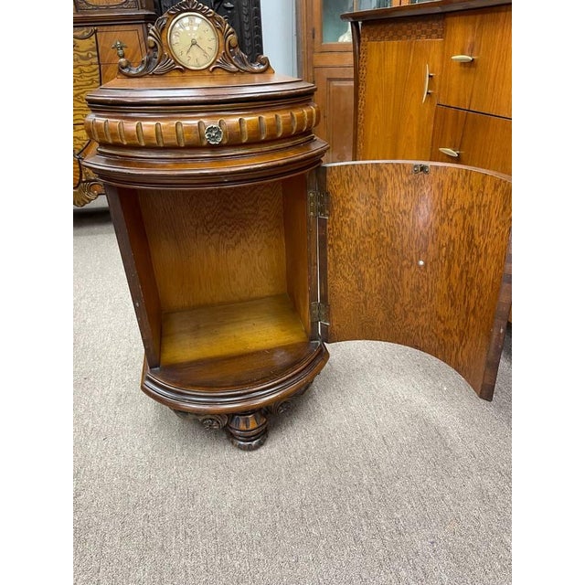 1930s Antique 1930's Bedroom Rounded Nightsand, Inlayed Analog Clock, Hand Carved Walnut, Large Cabinet For Sale - Image 5 of 11