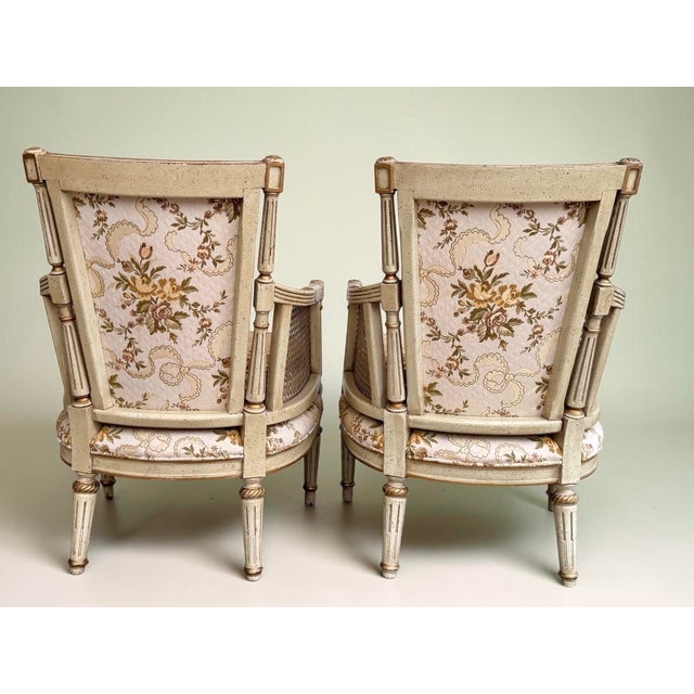 Hibriten 1950s Pair of Hibriten Chair Co. Louis XVI-Style Bergère Armchairs | Cream & Gilt | Cane Sides | Floral Brocade | Lenoir Nc For Sale - Image 4 of 12