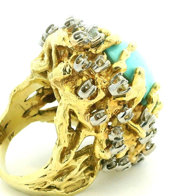 Turquoise 1960s 18k Gold Turquoise and Diamond Freeform Cocktail Ring, Size 7.5 For Sale - Image 8 of 17