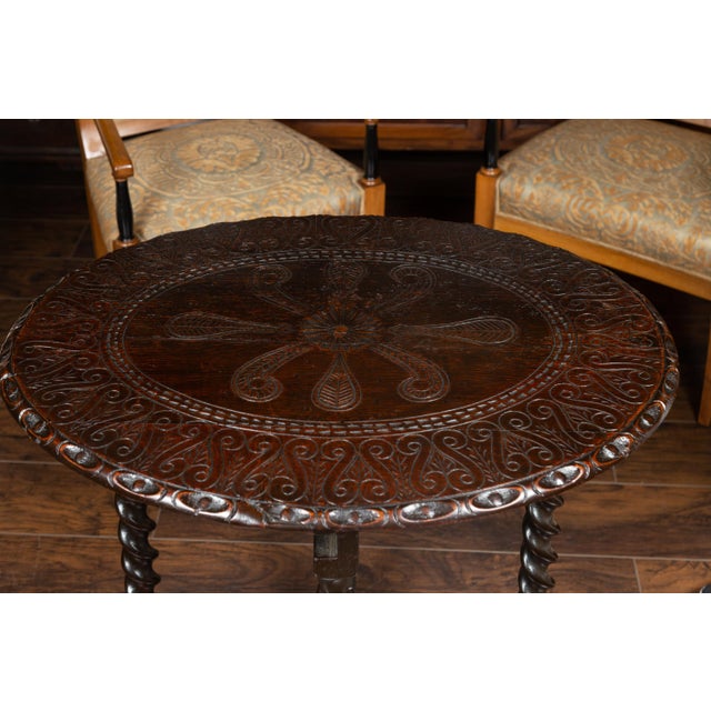 English 1850s Oak Gate Leg Oval Table with Carved Decor and Barley Twist Base For Sale - Image 9 of 12