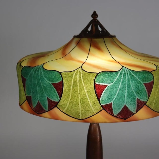 Glass Antique Arts & Crafts Handel Reverse Painted Stylized Foliage Table Lamp C1920 For Sale - Image 7 of 8