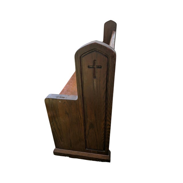 Mid 20th Century Carved Solid Oak Church Pew Bench With Cross Details – 75" For Sale - Image 9 of 17