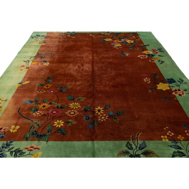 Antique Art Deco Handmade Floral Chinese Green and Brown Wool Rug For Sale - Image 13 of 13