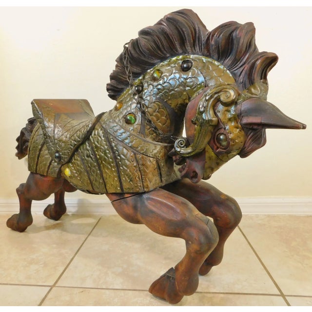 Mid 20th Century Large Mid Century Elaborate Hand Carved Solid Wood & Brass Jeweled Equestrian Horse Art Sculpture For Sale - Image 5 of 11