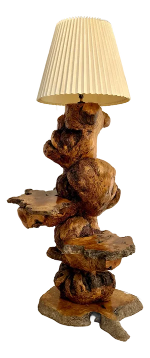 1960s One-of-a-Kind Artist-Made Burl Wood Floor Lamp With Live Edge Display Shelves